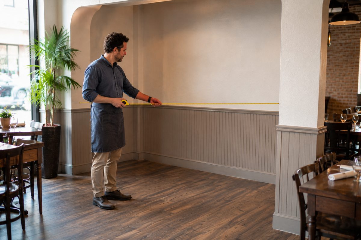 A restaurant owner measuring open floor space with a tape measure