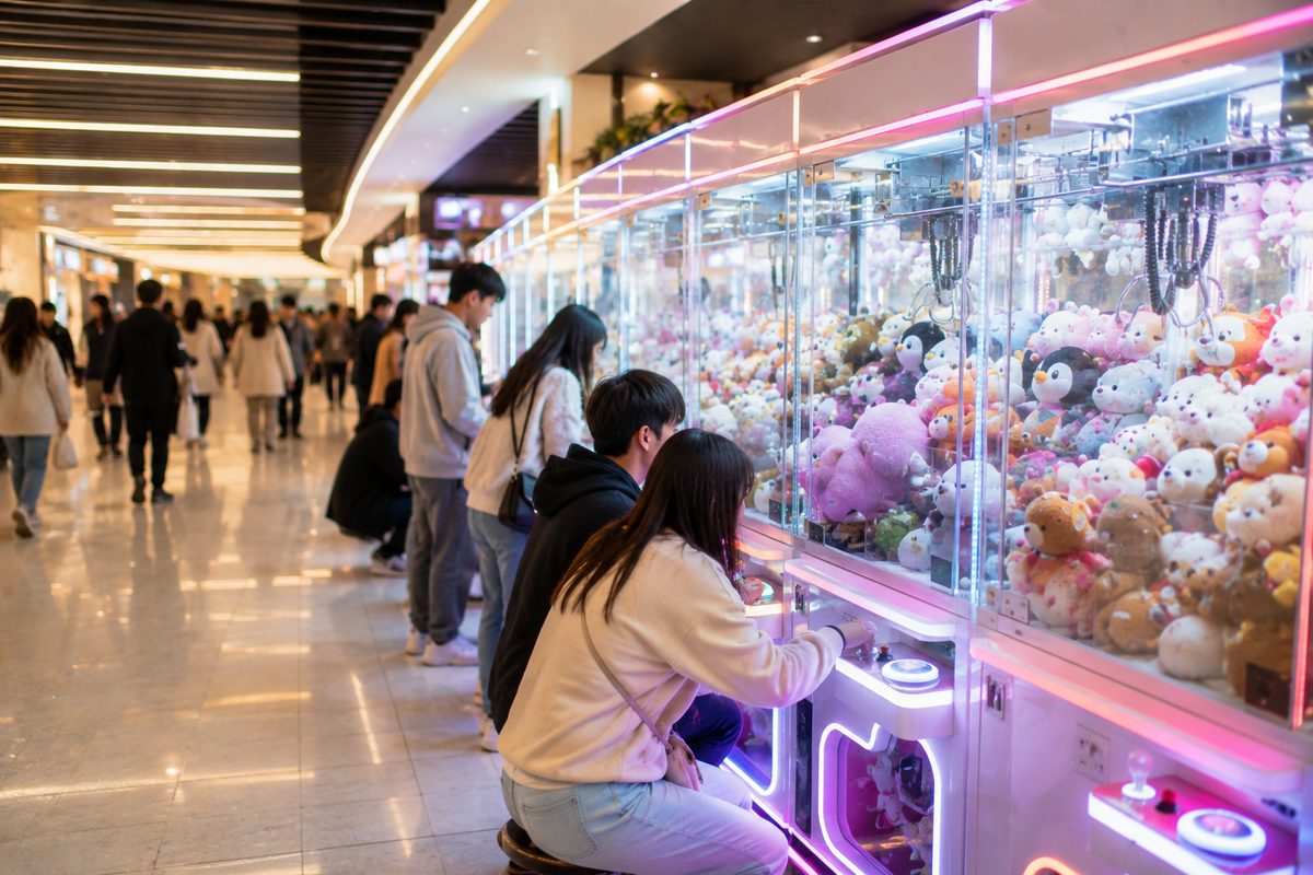 A row of claw machines filled with plush prizes at a busy mall arcade