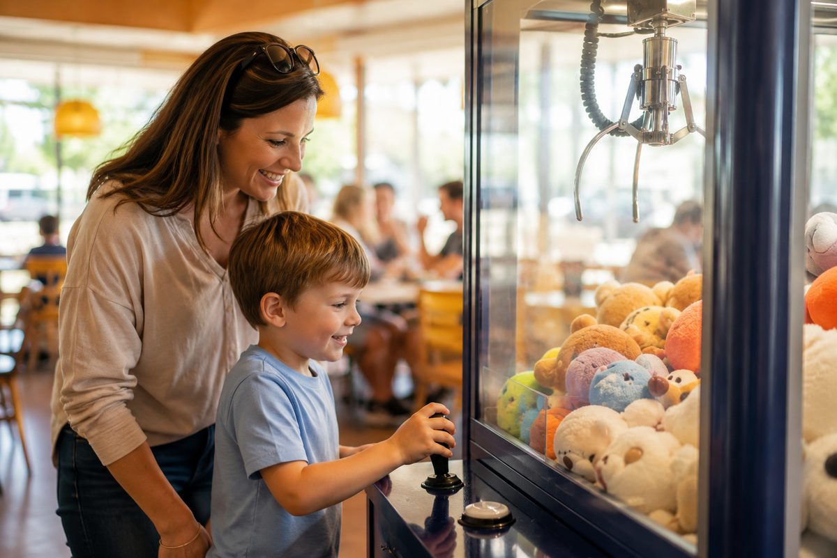 A mother and son playing a claw machine together at a family restaurant