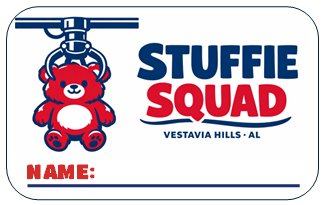 Front of Stuffie Squad RFID card showing the logo and name field